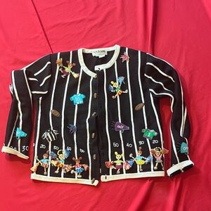 Embroidered Black Striped Cardigan Sweater with Playful Appliqués